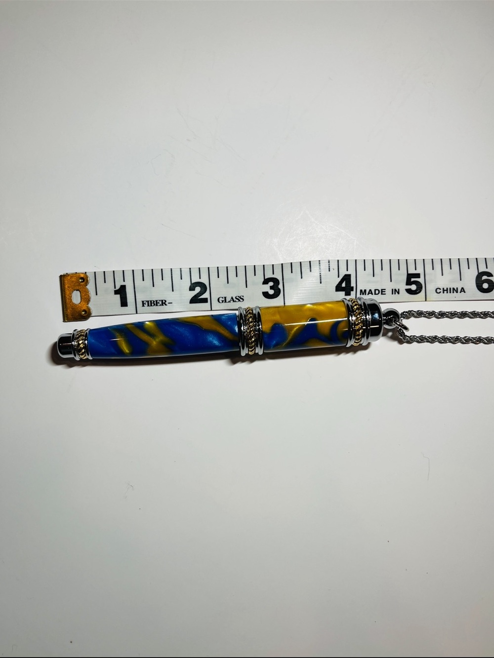 Vintage Pen Statement Pendant Necklace Blue Yellow Swirl Functional - Picture 3 of 5
